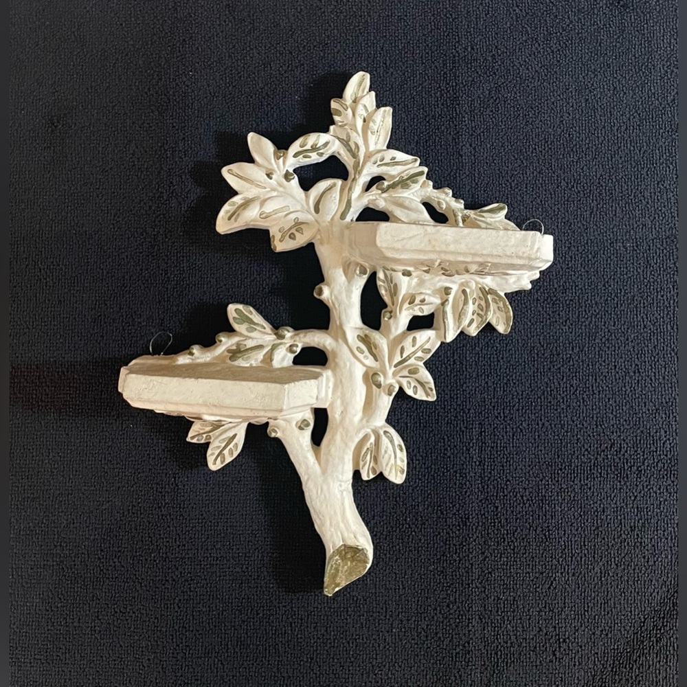 Vintage 1950s Ceramic Wall Hanging Sconce Tree Branch Leaves Cream & Gold MCM
